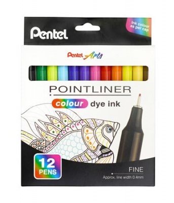 Liner, sada, 0,4 mm, PENTEL "Pointliner", 12 rôznych farieb