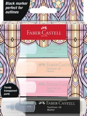 Zvýrazňovač, sada, FABER-CASTELL "Glassy", 3 rôzne pastelové farby + čierna
